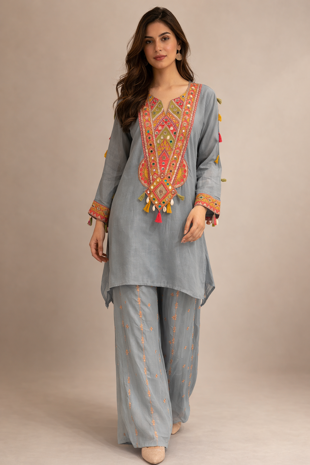 Women's Steel Grey Embroidered Silk Kurta Palazzo Set with Tassel Detailing